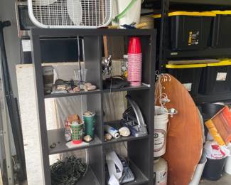 Bookshelf, Box Fan, Misc. Filled Tote Bins