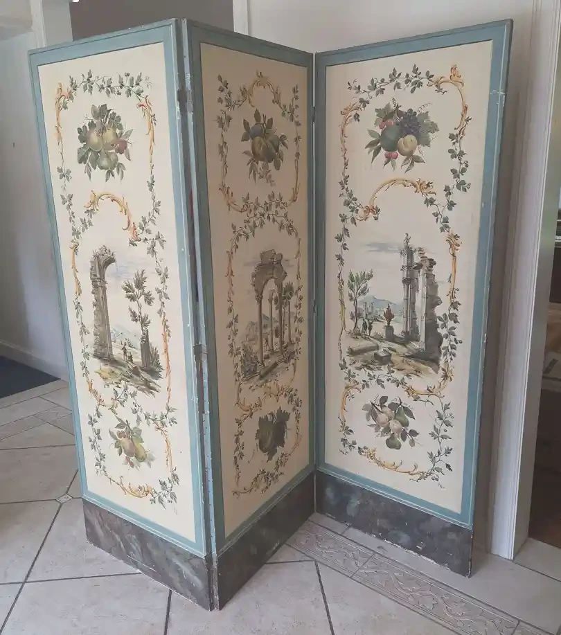 001 19thcentury French country classical romantic room divider screen with handpainted neoclassical sc