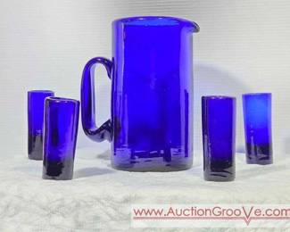 Blue hand Blown Glass Pitcher with 4 Shot Glasses