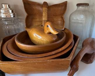 Mid-Century Modern Style Teak Serving Set with Carved Duck