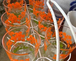 Mid-Century Orange Floral Glass Tumbler Set with Carrier