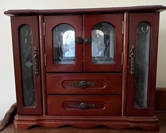 Mahogany Style Jewelry Armoire with Etched Glass Doors