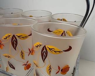 Hall Jewel Tea Autumn Leaf Frosted Glass Tumbler Set with Caddy