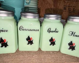 Jadeite Style Kitchen Canister Set with Bucking Bronco and Scottie Dog Decals