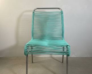 Vintage Aquamarine Green PVC Laces and Black Tubular Metal Childrens Chair, 1970s Style