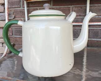 White Enamelware Coffee Pot with Green Handle and Rim