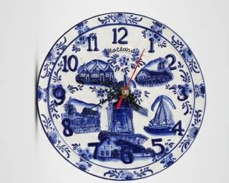 Delft Blue Style Ceramic Wall Clock with Windmill and Sailboat Scenes