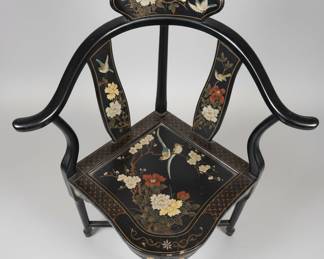 Chinoiserie Corner Chair: Black Lacquer with Hand-Painted Floral and Avian Motifs