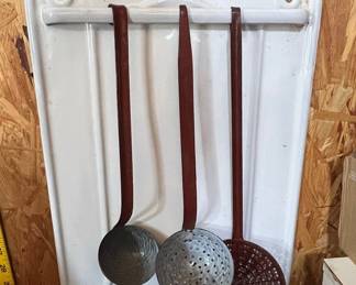 French Enamelware Kitchen Utensil Rack with Ladle and Strainer