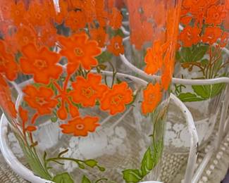 Mid-Century Orange Floral Glass Tumbler Set with Carrier