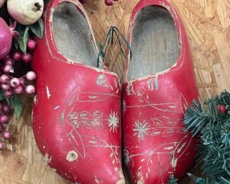 Vintage Dutch Red Wooden Clogs