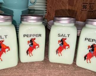 Jadeite Style Kitchen Canister Set with Bucking Bronco and Scottie Dog Decals