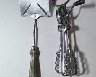Vintage Foley Stainless Steel Spatula and Rotary Hand Mixer Set