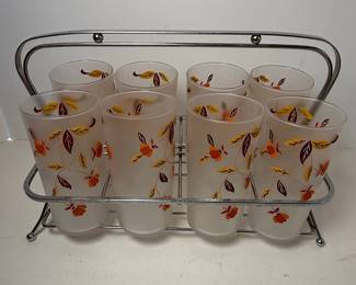 Hall Jewel Tea Autumn Leaf Frosted Glass Tumbler Set with Caddy