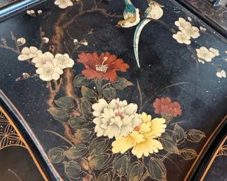 Chinoiserie Corner Chair: Black Lacquer with Hand-Painted Floral and Avian Motifs