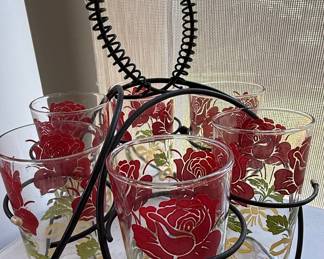 Mid-Century Hazel Atlas Rose Pattern Glass Caddy Set