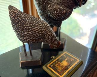 Vintage Cast Iron Rooster and Hen Figurines with Pharmacy Stamp Plaque