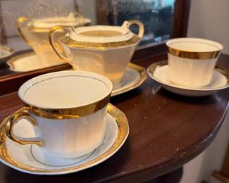 Vintage White Porcelain Tea Set with Gold Trim and Geometric Pattern