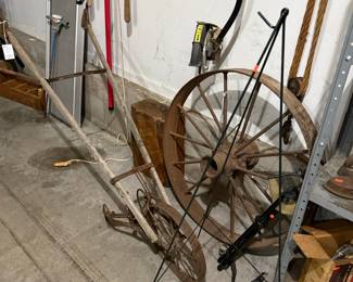 Antique Hand-Push Garden Cultivator and Iron Implement Wheel