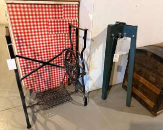 Vintage Cast Iron Sewing Machine Treadle Base and Green Metal Tripod Stand