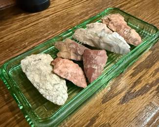Collection of Stone Projectile Points in Green Depression Glass Tray