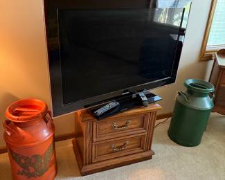 Vintage Decorative Metal Milk Cans and Samsung LCD Television