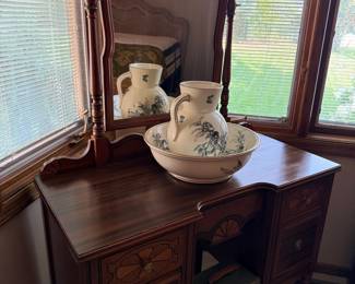 Victorian Walnut Washstand Vanity with Blue & White Transferware Pitcher and Bowl Set