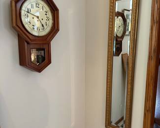 Vintage Octagon Regulator Wall Clock and Ornate Gold Wall Mirror