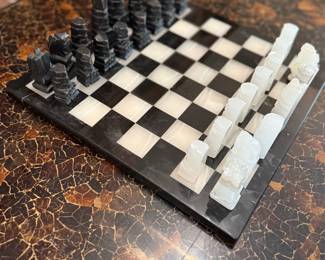Hand-Carved Black and White Onyx/Marble Chess Set with Abstract Pieces