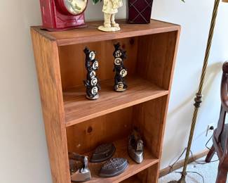 Vintage Rustic Decor Collection: Bookshelf, Lantern, Sad Irons, and Bear Figurines