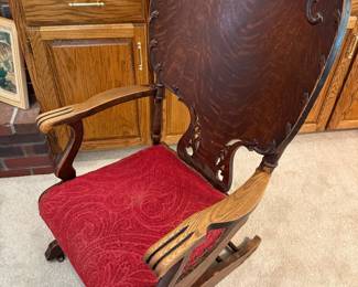 Antique Victorian Carved Oak Rocking Chair with Folial Scrollwork