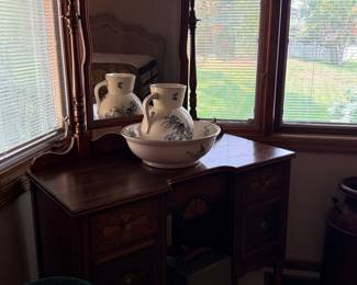 Victorian Style Mirrored Washstand with Floral Pitcher and Basin Set