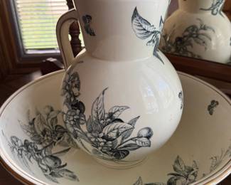 French Ironstone Pitcher and Washbowl Set in Badonviller Jasmin Blue Butterfly Transferware Pattern