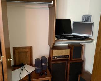 Vintage Electronics Estate Lot (Wood-Cased Radio, Heaters, Monitors, Speakers)