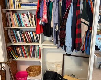 books, clothing, vintage TV, sleeping bag