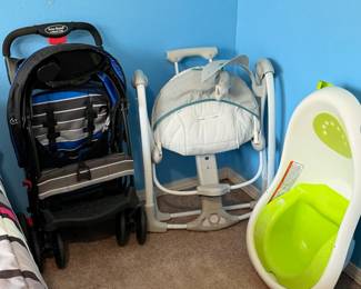 stroller, baby jumper, bathtub
