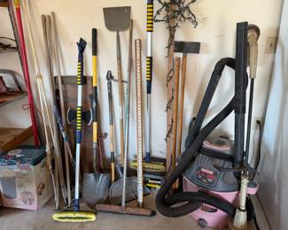 shop vac, single axe, double axe, shovels, saw, spades, brooms