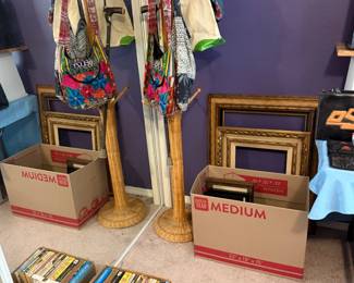 frames,  books, wicker coat tree, tote  bags