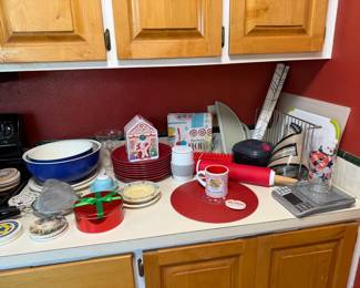 rolling pin, plates, bowls, scales, coasters, kitchen gadgets