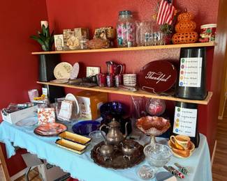 Holiday decor, silverplate coffee set, Fenton Marigold Carnival fruit bowl, Fenton Red Art Glass, kitchen