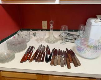 knives, Fostoria, Liquor decanter, Wine glasses