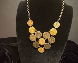 Hammered Gold Tone Disc Bib Necklace
