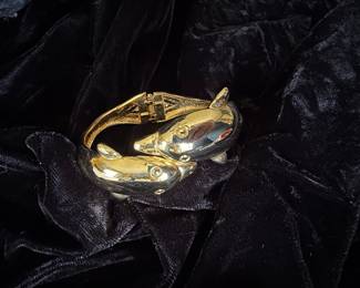 Vintage Gold-Tone Double Dolphin Bangle Bracelet