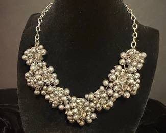 Silver Tone Cluster Bead and Crystal Necklace