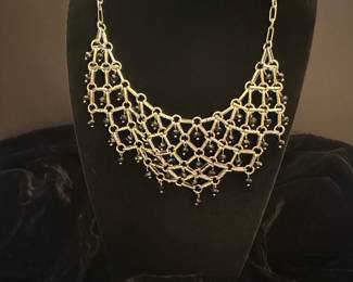 Silver Tone Mesh Bib Necklace with Black Beads
