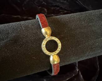 Red Leather and Gold-Tone Circle Charm Bracelet with Rhinestones