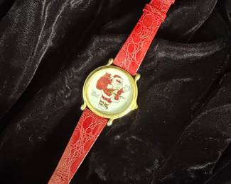 Pearl Quartz Santa Watch with Red Faux Crocodile Strap