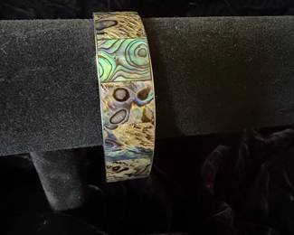 Abalone Shell Inlaid Bangle Bracelet - Silver Tone