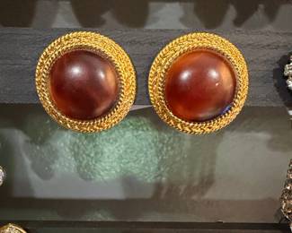 Vintage Gold-Tone Amber Cabochon Clip-On Earrings