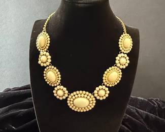 Gold Tone Necklace with Cream Cabochons and Faux Pearls